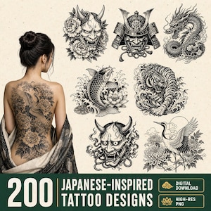 Könnte beinhalten: Eine Sammlung von 200 japanisch inspirierten Tattoo-Designs mit schwarz-weißen Illustrationen von Hannya-Masken, Samurai-Helmen, Drachen, Koi-Fischen, Tigern und Kranichen mit floralen Elementen, erhältlich als digitaler Download.