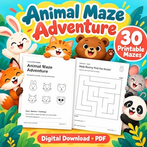 Puede incluir: Un libro de actividades en PDF digital titulado Animal Maze Adventure con 30 laberintos imprimibles. La portada muestra un conejo, un gato, un oso, un zorro, un ratón y un panda. Las páginas interiores muestran iconos de animales y un laberinto.