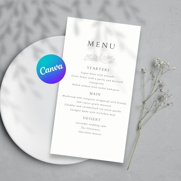 Luxury Dinner Party Slim Long Menu Design Editable Canva Template Minimalist Table Planning Digital Product Instant Download Modern Style