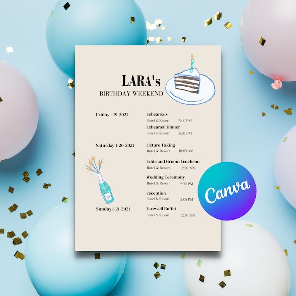 Birthday Weekend Itinerary Piece of Cake & Champagne Digital Canva Template Instant Download Editable Planner Design Weekend Party Soft Blue