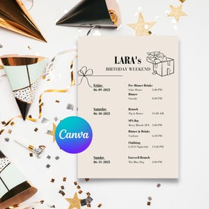 Plantilla de Canva con planificación detallada del itinerario de fin de semana para regalos de cumpleaños Diseño editable Arte lineal minimalista Descarga instantánea Producto fácil de usar