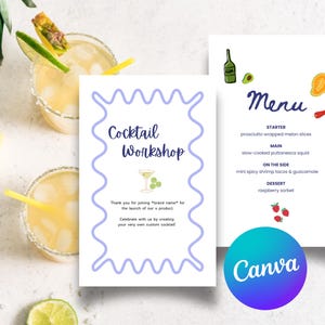 Cocktail-Workshop-Reiseplan & Menü Festliche Digitale Canva-Vorlage Sofortiger Download Bearbeitbarer Planer Funky Design Wochenende Sommerparty Töne