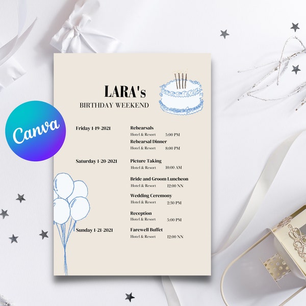 Birthday Weekend Itinerary Cake & Balloons Digital Canva Template Instant Download Editable Planner Design Weekend Party Soft Baby Blue Tone