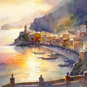 Può includere: Un dipinto ad acquerello di una città costiera con edifici colorati su una collina che si affaccia su un mare calmo. Il sole sta tramontando, proiettando un bagliore caldo sulla scena.
