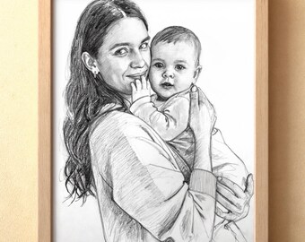 Custom Mother and Baby Portrait from Photo, Personalized Mom & Child Pencil Drawing, First Mother's Day Gift, Baby Keepsake Art