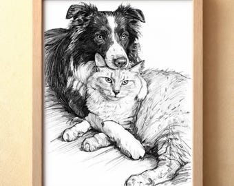 Custom Dog and Cat Portrait, Hand-Drawn Pencil Style, Cat Dog Owner Gift (Poster Print, Canvas or Digital Download)