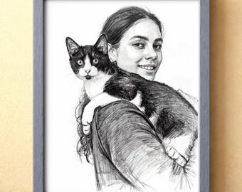 Custom Cat and Owner Portrait from Photo, Personalized Cat Mom Gift, Hand-Drawn Pencil Style, Cat Owner Gift (Digital, Canvas, Poster)