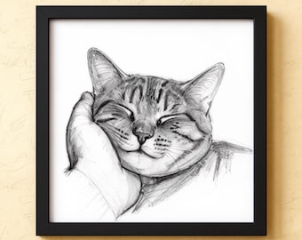 Custom Cat Portrait from Photo, Hand-Drawn Pencil Style, Personalized Cat Mom Gift , Cozy Home Decor