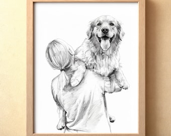 Custom Dog Portrait From Photo, Hand-Drawn Pencil Style, Personalized Owner & Pet Illustration (Poster Print, Canvas, Digital Download)