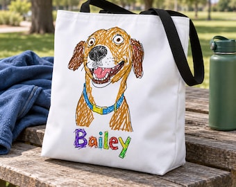 Custom Pet Portrait Tote Bag, Personalized Dog or Cat Scribble Drawing, Pet Photo Shopping Bag, Pet Mom Gift