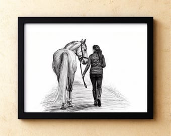Custom Horse Portrait from Photo, Personalized Horse Sketch, Horse and Rider Drawing, Equestrian Painting Gift