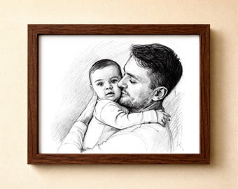 Personalized Dad and Baby Portrait, Custom Father & Child Sketch from Photo, New Dad Gift, Family Keepsake Artwork