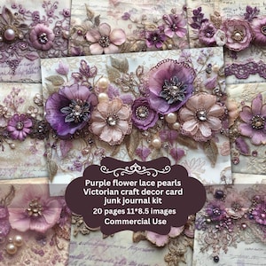 Lila Shabby Chic Spitze Junk Journal Kit Lavender Vintage Lace Ephemera Collage Sheets Flieder Blume Perlen Digitales Papier Scrapbooking Pearl