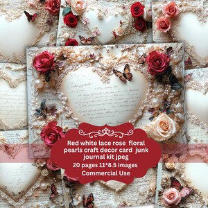 Red butterfly heart scrapbook Junk Journal card | Printable Kit | Elegant Pink Lace Pearls butterfly Hearts | Shabby Chic card | celebratory