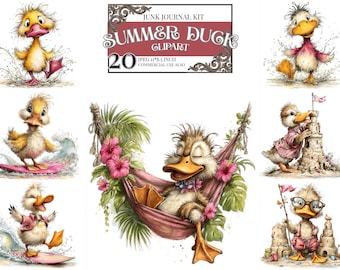 Ensemble de cliparts canard de plage mignon caneton d'été graphiques JPEG Kawaii animaux canard surf tropical Clipart ensemble