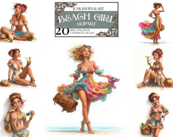 Bundle de clipart fille tropicale, été Boho Girl JPEG, Illustration jolie fille de plage, Clipart boisson ananas, Art Boho estival, numérique