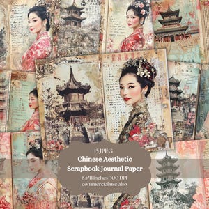 Kit di diario vintage con collage cinese, pagine stampabili giapponesi, carta digitale orientale, tecnica mista, scrapbooking, pagina orientale vintage