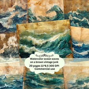 Ocean Junk Journal Kit, Blue Waves Journal Pages, Stormy waves Digital Paper for Scrapbooking, Sea Storm Grunge Journal Paper