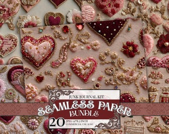 Kit de carnet de notes brodé coeurs, papier imprimable Saint-Valentin romantique, coeurs éphémères en perles, pages de scrapbooking amour shabby chic, féminin