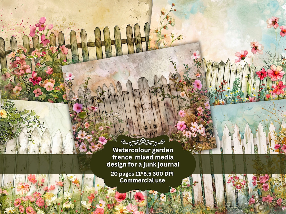 Watercolour Garden Wood Fence Junk Journal Pages, Vintage Floral ...