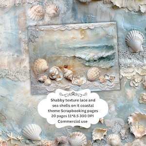 Coastal Shabby Beach Junk Journal Pages, Digital Scrapbook Paper Kit, Printable, Vintage Shells Collage Sheet, Nautical Seashell, seaside