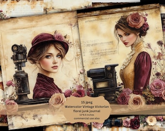 Victorian lady shabby Junk Journal Kit JPG Pages with Ephemera, Tags, Supplies), Ladies' Fashion, Steampunk Digital Paper, Digital Download