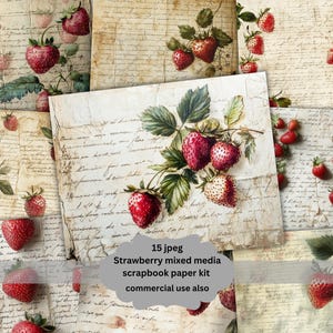 Pagine di diario spazzatura shabby fragola, carta per album digitale, foglio di collage stampabile, effimeri vintage, kit di frutta estiva, botanico