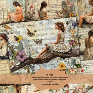 Bella ragazza seduta floreale Junk Journal Pages, carta per scrapbooking digitale, arte stampabile, autunno / ragazze e donne autunnali foglie autunnali boho