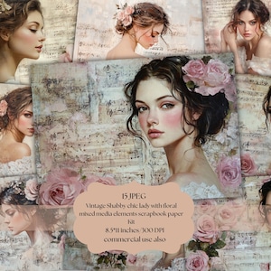 Vintage Shabby chic beauty lady with floral mixed media elements scrapbook paper Kit  Flower Girl Ephemera Collage Floral Girl Junk Journal