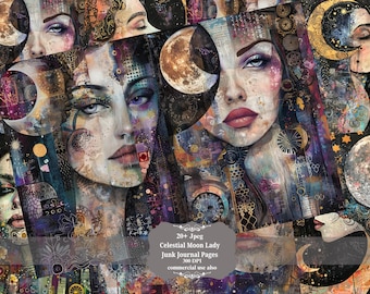 Watercolour Moon Goddess Junk Journal Page, Moon Scrapbook Printables Digital Papers, Celestial Gold Moon Double Pages, Collage Sheet