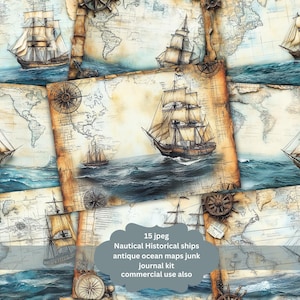 Papiers numériques Ocean Boat Dreams, page de journal indésirable bleu océan, kit de scrapbooking bord de mer minable, plage imprimable, cartes côtières, éphémères de la mer