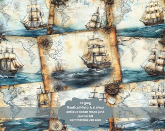 Ocean Boat Dreams Digital Papers, Ocean Blue Junk Journal Page, Shabby Seaside Scrapbook Kit, Beach Printable, Coastal Cards, Sea Ephemera