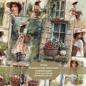 Strawberry lady in garden junk journal, Junk journal supplies, junk journal kits, Strawberry clipart, strawberry journal paper, ephemera
