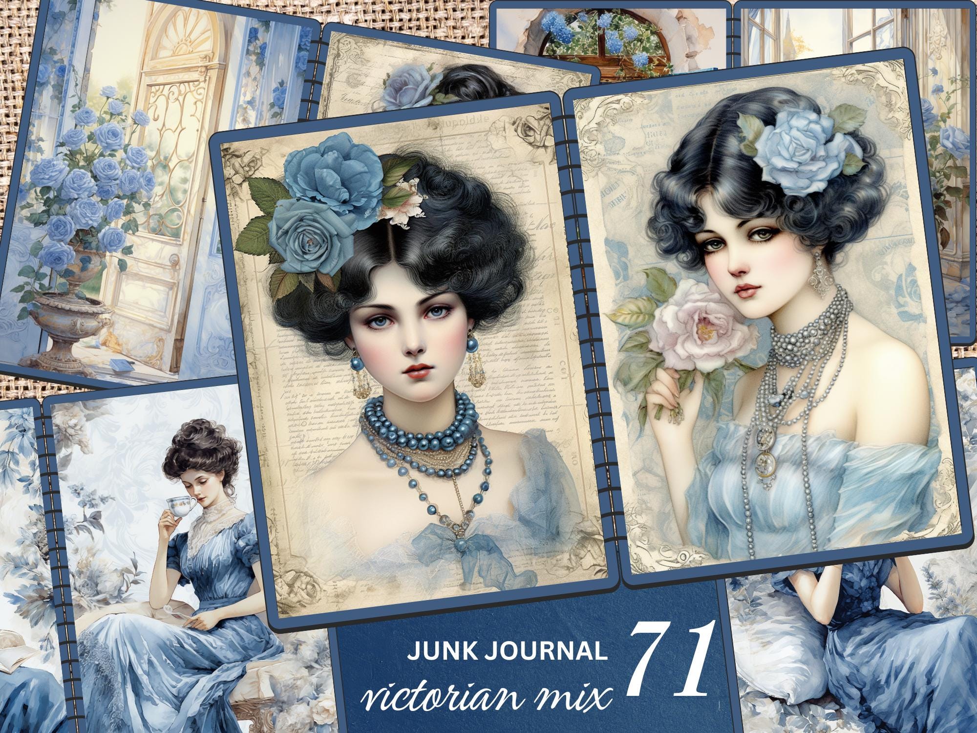 71-piece Victorian Blue Junk Journal Bundle -vintage Ephemera for