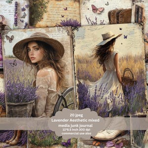 Women in Lavender Purple field Junk Journal Kit , Ephemera , Digital Download , Botanical Embellishments ,ATC Cards , JPEG File , Purple