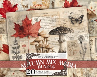 Vintage Mushroom Junk Journal Pages, Botanical Ephemera Bundle, Cottagecore Nature Printable, Forest Fungi Journal Kit, Fall JPEG Download