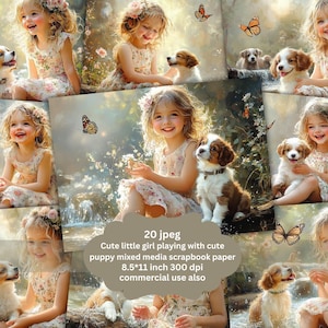 Girl and Dog playing scrapbooking paper JPEG Cute Little Girl in a garden cheerfully playing, Commercial Use Instant Download Paper Crafts