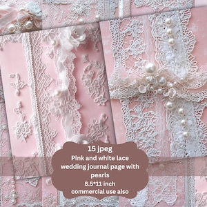 Shabby Chic Karte mit Spitze Junk Journal Kit Rosa Vintage Spitze Ephemera Collage Sheets Druckbare weiße Blumen-Druck-Schmetterling-Blumen-Seiten