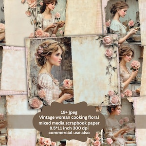 Op de afbeelding: Digitaal scrapbookpapier met vintage illustraties van vrouwen en rozen. De afbeeldingen hebben een zachte, verouderde esthetiek met een bloementhema. De tekst op de afbeelding luidt: "Vintage woman cooking floral mixed media scrapbook paper 8.5*11 inch 300 dpi commercial use also."