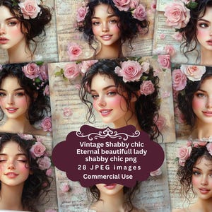 Donne bellissime, allegre ed eternamente felici, signora shabby chic con elementi floreali misti, carta per scrapbooking, kit per collage di effimeri fiorista