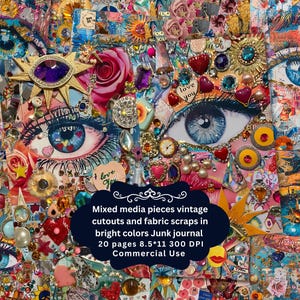 Op de afbeelding: Een levendige mixed media collage met grote ogen met blauwe irissen, omringd door stofresten, uitsparingen en versieringen in heldere kleuren. De afbeelding bevat tekst: "Mixed media pieces vintage cutouts and fabric scraps in bright colors Junk journal 20 pages 8.5*11 300 DPI Commercial Use."