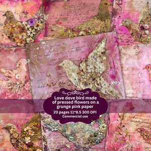 Floral love dove bird Mixed Media pink Printable Sheets, Digital Art, Junk Journal Printable Cards Digital Download Commercial Use