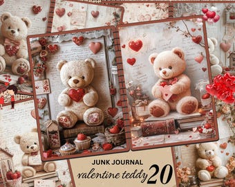 Valentinstag Teddybären Junk Journal Seite, wunderliche JPG Collage Sheet, romantisches Sammelalbum, Ephemera Liebe, druckbare digitaler Download