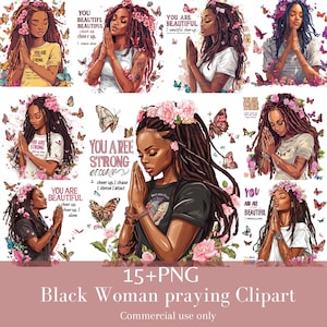 Belles femmes noires mains en prière Clipart, aquarelle fille africaine PNG, prière spirituelle chrétienne féminine, licence d'utilisation commerciale
