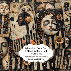 Skurrile Junk-Journal-Seiten für Sonne und Mond, digitales Scrapbook-Papier-Kit, himmlisches Druckbild, Vintage-Astronomie-Collage-Blatt, mystischer Stern