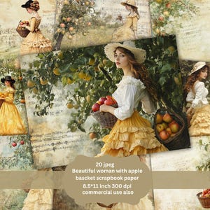 Schöne Frau im Apfelgarten shabby vintage Ära Junk Journal Kit , Scrapbooking Papier, Kartenherstellung, Handwerk Kit , von der Natur inspiriert