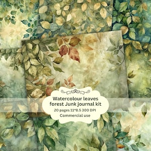 Kit per diario vintage Green Leaf, diario botanico vintage, carta digitale per scrapbooking, pagine grunge stampabili, shabby, giardino