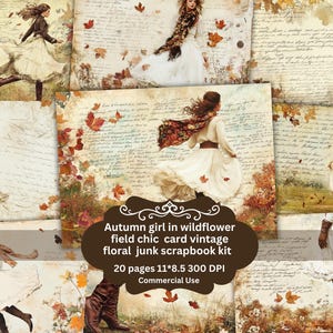 Autumn girl in wildflower field junk journal, Flower leaves autumn season , Printable JPG image, Fall Landscape vintage junk journal ephemer