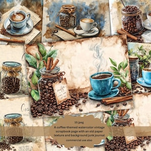 Puede incluir: Un diseño de papel digital para álbum de recortes con ilustraciones de acuarela de granos de café, frascos de granos de café, tazas de café y palitos de canela sobre un fondo vintage. El texto "Coa" y "15 jpeg" es visible en la imagen.