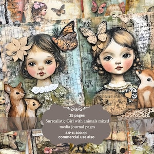 Surrealistic Girl with animals mixed media journal pages Printable, Whimsical Girl Junk Journal, Vintage Whimsy Doll Junk Journal Papers